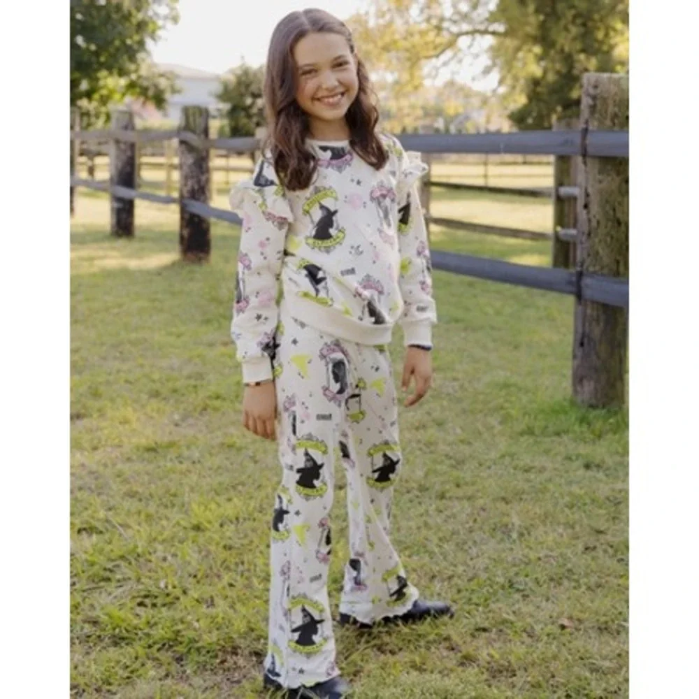 Wicked Movie Elphaba Glinda Girls Ruffle Sweatshirt and Pants Set Cream 6X